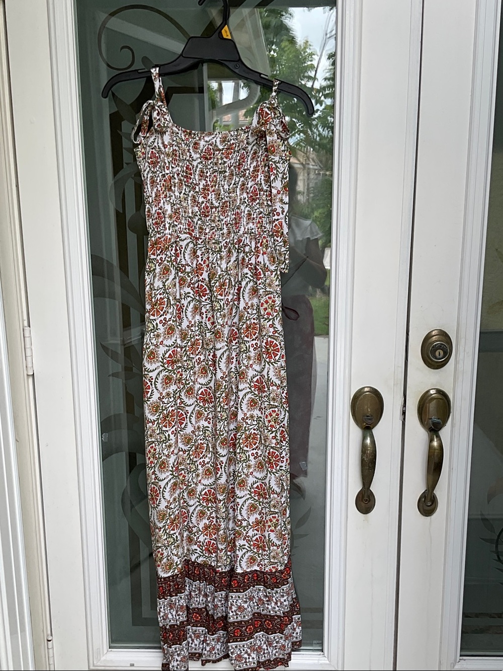 Bohemian Smocked Maxi Dress in White and Rust